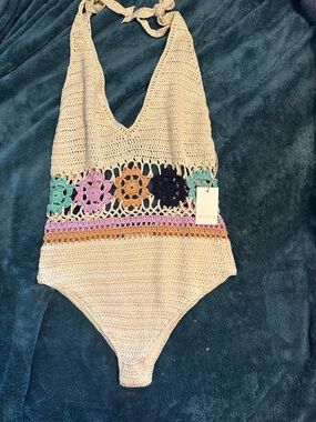 Crochet Halter Bodysuit - Cream with Multicolor Floral Trim